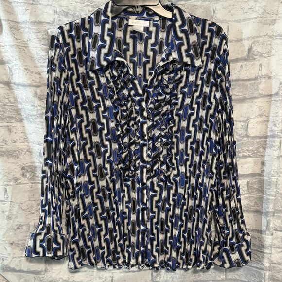 Worthington Blouse Womens XL Blue White Black Accordion Button Front Long Sleeve - Picture 1 of 14